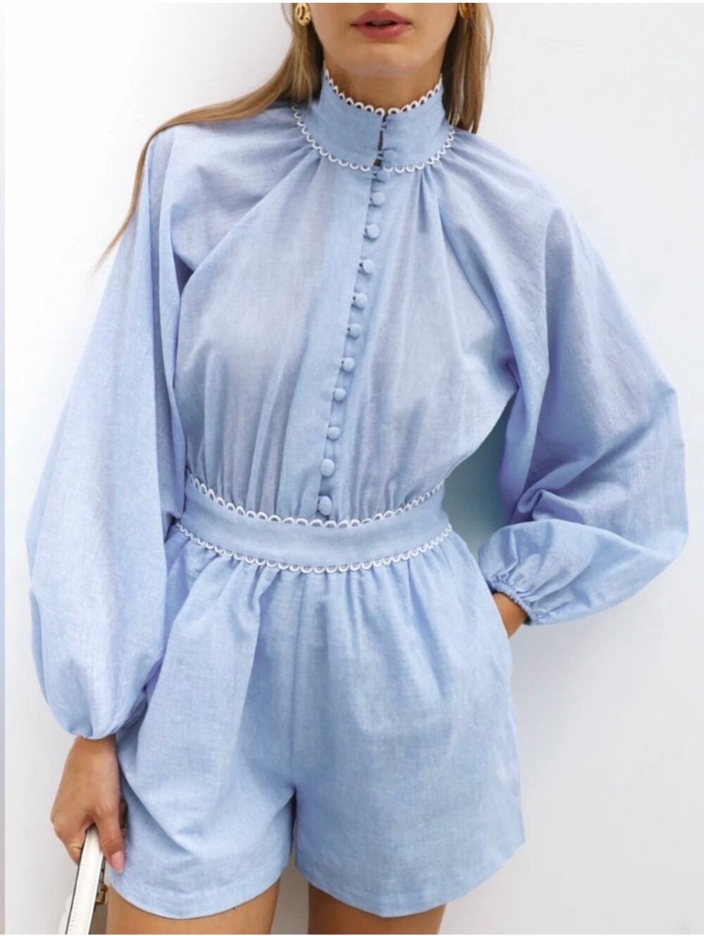 Vita Grace- Light Blue High-Neck Long-Sleeve Romper